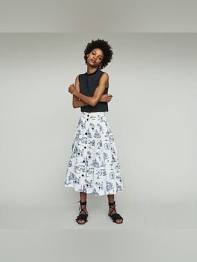 Maje Japomy Parisian Toile Printed A-Line Button Midi Skirt Ecru FR40/L $295